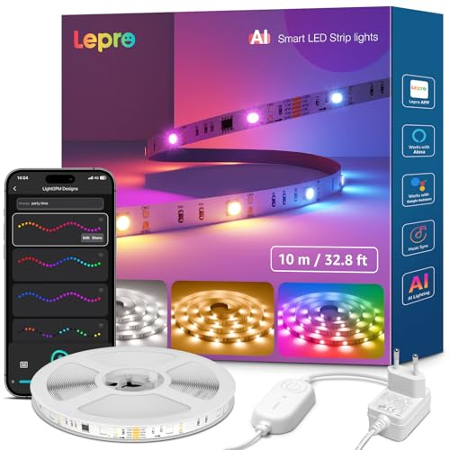 Lepro AI LED Streifen S2, 10M RGBCW LED Strip mit echtem Weißlicht, MagicColor RGBIC, Personalisierter KI-Lichtdesigner, Musik-Sync, Kompatibel mit Alexa & Google Assistant für Gaming & Ambiente