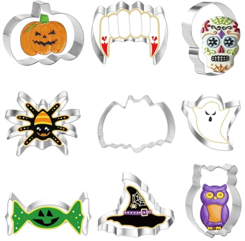 AEKZOX 9pcs Formine Biscotti Halloween in Acciaio Inox Tagliabiscotti Zucca/Cappello da Strega/Fantasma per Dolci di Halloween