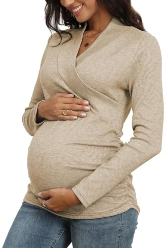 DreamGlee Nursing Top Cross V Neck Long Sleeve, Khaki XL | Stretchy Maternity Shirt with Ruched Fit, Designed for Pregnancy Changes and Comfortable Body Movement