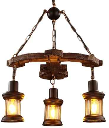 Jatwefiv Retro Kronleuchter E27 Industrie Pendelleuchte Vintage Holz Pendellampe Schwarz Eisen Und Glas Lampenschirm Höhenverstellbare Hängelampe für Loft Wohnzimmer Bar,Braun