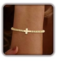 WATEFOER Bracelets Perles Or Femme, Bracelets en Perles Extensibles Plaqués Or 14K avec Pendentif Cœur en Croix Bracelet à Breloques Boules Fait Main Bijoux Cadeaux pour Femmes Filles (Croix)