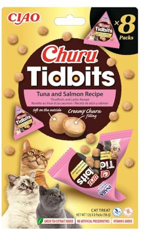 INABA Churu Tidbits Snack per Gatti, Bocconcini di Pollo con Tonno e Salmone - 8 Pack x 12gr - Snack Morbido con Ripieno Cremoso - Cibo per Gatti Senza Conservanti o Coloranti Artificiali, Grain-Free
