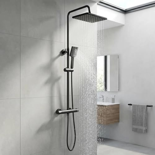 YOOZENA Duscharmatur Schwarz, Duschsystem mit Thermostat, 26x19cm Kopfbrause, Duschkopf mit Schlauch und Halterung, Regendusche mit armatur, Duschset