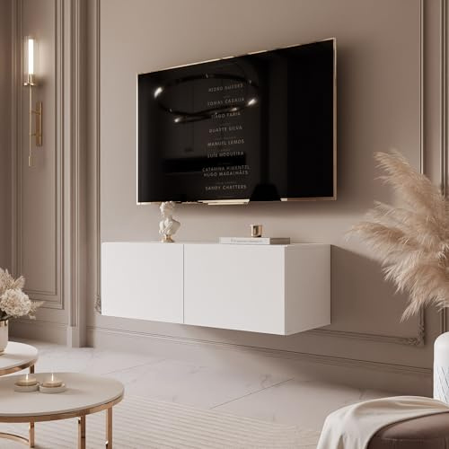 IDOHOME TV Lowboard hängend mit LED und 2 Fächern 100 cm Weiß Matt | 100 x 40 x 36 cm, Laminierte Platte, Mehr Stauraum, Push to Open, TV Zubehör, LED Beleuchtung