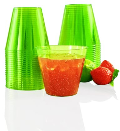 KINGSUSLAY 50PCS Premium Plastic Party Cups, Clear Hard Plastic Cups with Green Glitter (265ml / 9oz) - Reusable Plastic Glasses, Tumblers, Green Cups for Drinks, Cocktail, Dessert, Wedding, Parties
