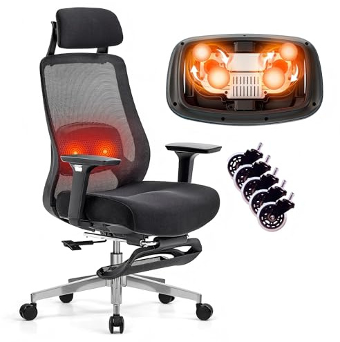 FLEXISPOT MasterEase Massage Bürostuhl mit Fußstütze und Gummirollen, ergonomischer Schreibtischstuhl mit 2D-Lendenstütze mit Heiz und Massagefunktion, 4-Fach Verstellbarer Rückenlehne, Schwarz