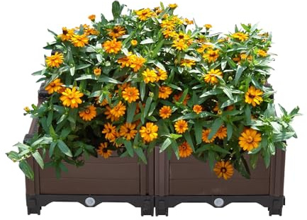 Warmiehomy Set of 4 Outdoor Garden Raised Bed, Planter Box with Drainage Holes, 60x60x20cm Polypropylene Planting Container for Growing Flowers, Herbs,Vegetables, Brown