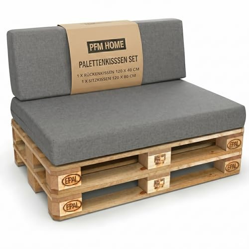 PFM HOME - Cuscino per pallet, impermeabile, per divani, pallet, europallet, cuscino da giardino con rivestimento rimovibile, 1 cuscino per schienale 120 x 40 cm + 1 cuscino per seduta 120 x 80 cm