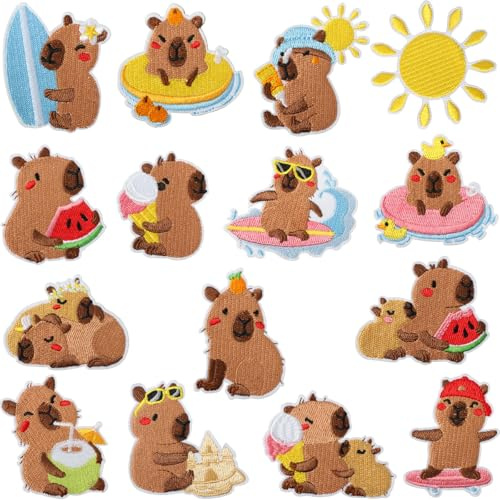 Dermalyx Set Di 15 Pezzi Estate Cappotto Pool Capybara, Toppe Con Ricamo Animale Per Stirare, Ferro Da Stiro Patch Per Abbigliamento Borse Tessuti Decorazioni Applicazion