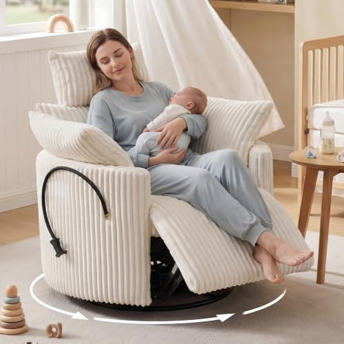 DEKKETO Fernsehsessel mit Liegefunktion und Verstellbarer Kopfstütze, 360° Drehbarer Stillsessel mit Schaukelfunktion, Relax Sessel aus Cord mit Handyhalterung, 2 Kissen, bis 200kg, Manuell, Weiss