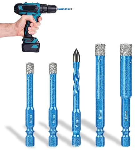 Porcelain Tile Drill Bits Set, 4 PCS 6/6/8/10 MM Hole Saw & 1PC 6MM Drill Diamond Drill Bits for Ceramic Tile Marble Porcelain