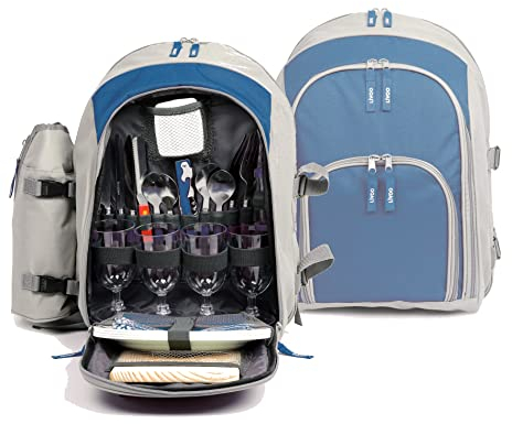 Picknickrucksack 4 Personen mit Geschirr - Picknick Set mit Flaschenhalter viel Zubehör - Lunchtasche mit Kühltasche - Rucksack Gepolsterte Schulterriemen - Thermotasche Picknick und Reisen Blau