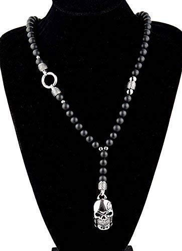 halsketten für Herren Männer mann Halskette Y-Kette Rosenkranz Black Onyx Schmuck schwarz Perlenkette Bikerschmuck Rocker Skull Edelstahl Gebetskette Geschenk Gothik