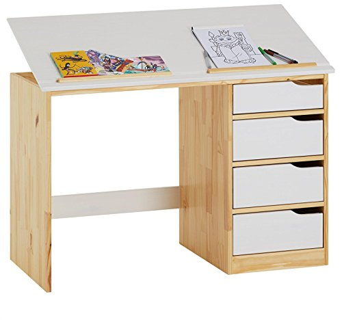 IDIMEX Kinderschreibtisch Emma aus Kiefer Massivholz, Natur/weiß - Schreibtisch mit neigungsverstellbarer Tischplatte, schöner Jugendschreibtisch mit 4 Schubladen