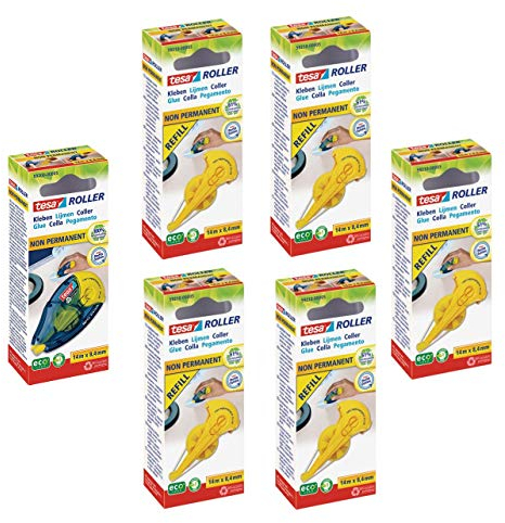 tesa Etikettendispenser, Wieder ablösbares Kleben, nachfüllbar (Kleberoller, 5 Nachfüllpackungen)