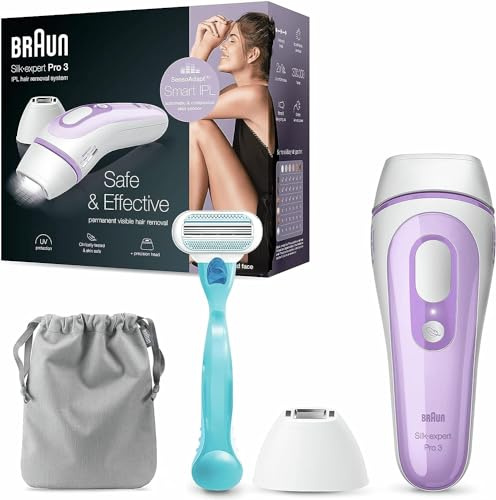Braun Silk-expert Pro 3 Depiladora Mujer Luz Pulsada IPL con Cabezal de Precisión y Maquinilla de Afeitar Venus, Alternativa a la Depilación Láser en Casa, Unisex, Funda, PL 3111, Blanco/Lila
