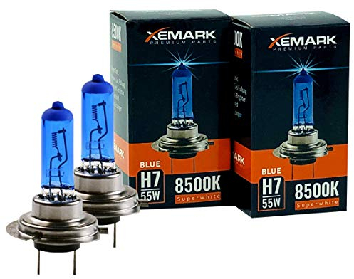 XEMARK Lot de 2 ampoules halogènes H7, 55 W, 12 V, Ampoule bleue, aspect xénon super blanc, lot d’ampoules pour voitures, feux de croisement, 2 pièces
