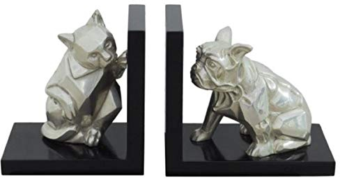 Casa Padrino Luxus Buchstützen Set Katze & Hund Silber/Schwarz 18 x 18 x H. 10 cm - Deko Bronzefiguren mit Holzsockel