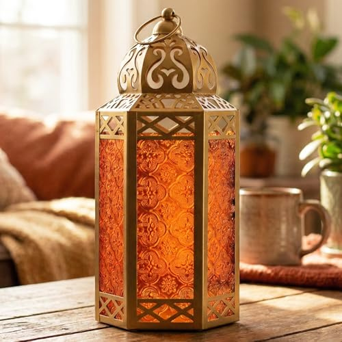 Metall Marokkanische dekorative Kerzenlaternenhalter zum Aufhängen oder für den Tisch, Ramadan, Terrasse oder Veranda im Freien, Hochzeiten, Gold, Bernsteinglas, groß