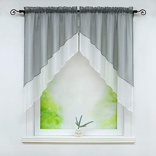 Joyswahl Scheibengardine Voile Bistrogardinen Panneaux 90x100cm Grau | 2 Stück, Beyza Zweifarbig, 2-lagig Kurzstore mit Tunnelzug, Küchengardinen Transparent, Fenstergardinen Quaste landhaus