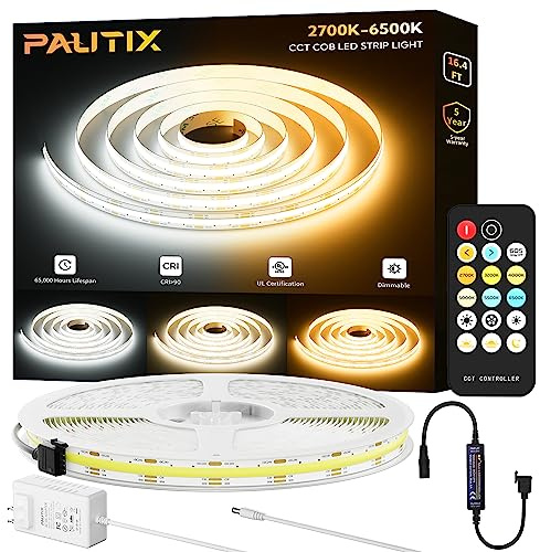 PAUTIX COB LED Strip Lights 2700K-6500K CCT Tunable White UL-Listed Dotless LED Lights with RF Remote,16.4ft Super Bright Dimmable 24V Tape Light,for Under Cabinets Bedroom Kitchen Office Lighting