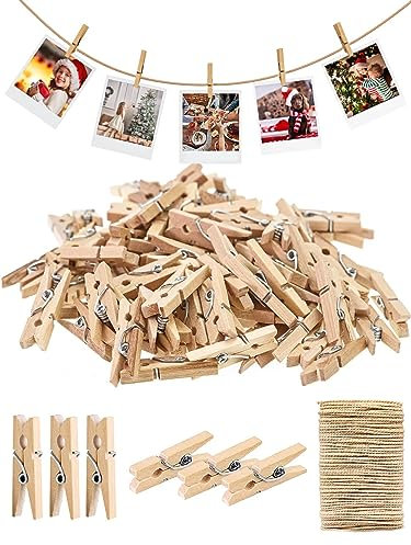 Stabile Mini-Wäscheklammern für Fotos, 2,5 cm, natürliche Holz-Wäscheklammern mit 10 m Jute-Schnur, kleine Clips für Bastelarbeiten, Babyparty-Spiel, hängende dekorative Bilder, Cocktail, Hochzeiten