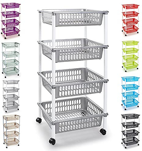 Plastic Storage Trolley Unit with Wheels Utility Kitchen Cart Vegetable Rack Fruit Basket Corner Shelf for Kitchen Bedroom Bathroom Living Room Office (4-Tier - Silver)