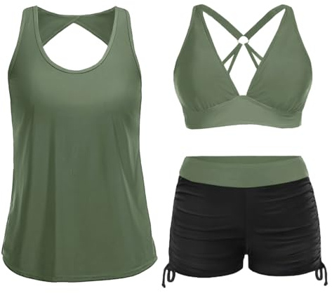 Yonique 3-teiliger Tankini-Badeanzug für Damen, Tank-Top, Badeanzüge mit Boy-Shorts und BH, sportliche Bademode, Black & Army Green, Large