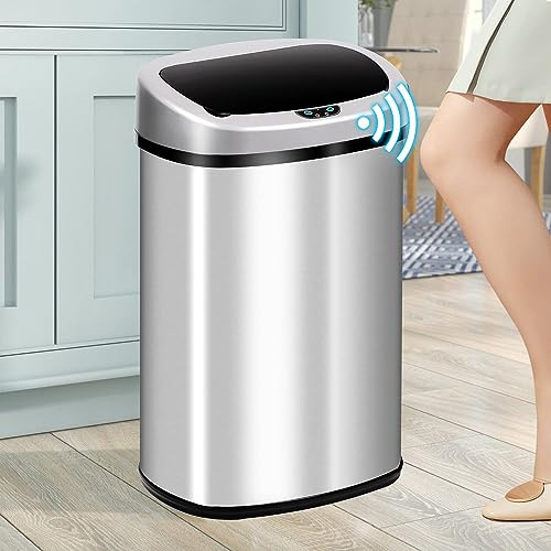 BLKMTY 13-Gallon Kitchen Trash Can, 50L Stainless Steel Garbage Can, Tall Automatic Trash Bin Touchfree Motion Sensor Garbage Bin, Metal Waste Cans with Lid for Office Bathroom, Silver