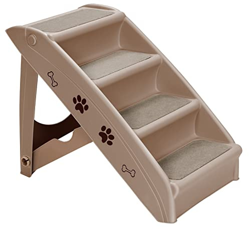 GOPLUS Hundetreppe mit 4 Stufen, Tragbare Tiertreppe aus Kunststoff, Klappbare Treppe für Haustiere, Einstieg für Kofferraum&Bett&Couch&Auto, mit Rutschfester Oberfläche, bis 60kg belastbar (Braun)