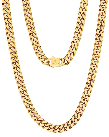 KRKC&CO 8mm Panzerkette, 18K Gold plattiert Cuban Link Chain, Edelstahl Panzerkette Herren Gold Kubanische Gliederkette, Herren Goldketten Hip Hop Kette für Männer Jungen Größe 56cm