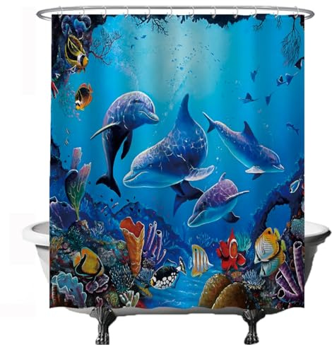 Ulticool Duschvorhang - Natur Delphin Meer Angeln Aquarium Koralle - 180 x 200 cm - Anti Schimmel - mit 12 Ringen - Blau