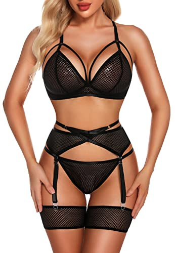EVELIFE Women Lingerie Set with Garter Belt 4 Pieces Bra and Panty Sets High Waisted Suspenders Underwear No Stockings (Black,XL)