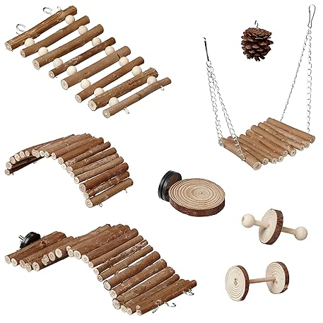 Relaxdays Vogelspielzeug, 8-TLG. Vogelkäfig Zubehör, für Wellensittich, Kanarienvogel, Holz, Brücke, Sitzplatte, Natur