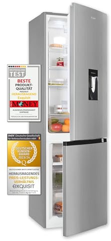 Exquisit® Frigorífico Combi, 251L, Clase C, Material Acero Inoxidable, Tecnologia No-Frost, Dispensador de Agua, Cajón Verdulero, Estantes de Cristal, Consumo 141 kWh/año, Medidas 180,5x54x60 Cm.