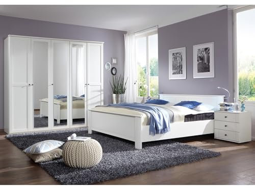 Lomadox Schlafzimmer Set 4-teilig mit Bett 180x200, 2 Nachttische, Kleiderschrank in weiß