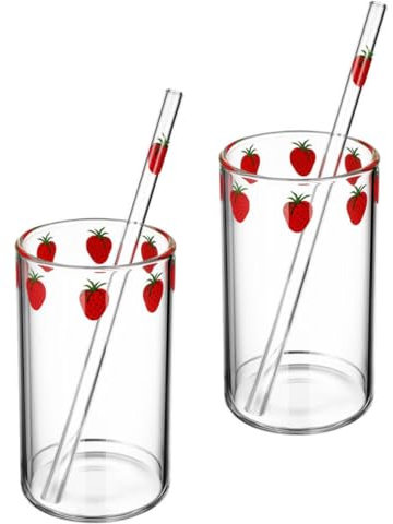 DEARMAMY Terrarien 2 Sätze Erdbeerbecher Transparente Glasbecher Mit Strohhalm Erdbeerglasbecher Süße Gläser Mit Erdbeermuster Flasche Für Saft Wasser Milch Kaffee Tee 300 Ml