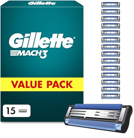 Gillette Mach3 Recharges De Lames De Rasoir pour Homme, Rasoirs À 3 Lames 15 Recharges De Lames, Lames Plus Résistantes Que L’Acier