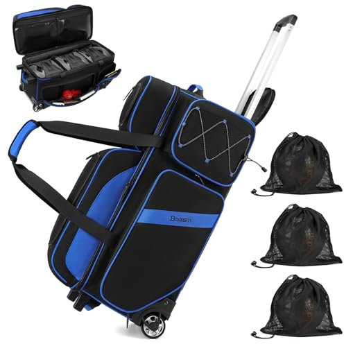 BOSSTIN Bowlingtaschen mit 3 Bällen und Rollen, sicherer Klettverschluss fixierter Ballbecher und Schuhfach (bis Größe 44), Roller mit Mehreren Taschen (blau)