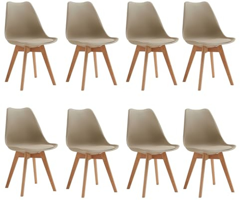 DEYARNA HOME Set med 8 moderna matstolar, vadderade matsalsstolar, skandinaviska köksstolar med ben i bokträ (brun)