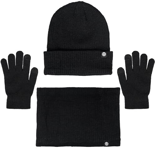Ensemble de bonnet, écharpe et gants pour femmes et hommes, bonnet tricoté chaud avec écharpe tactile, bonnet d’hiver avec doublure en polaire, ensemble de bonnet, écharpe et gants d’hiver, cadeau 3