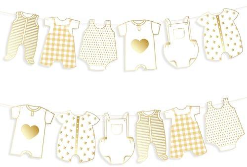 2pcs Neutral Gold Baby Shower Paper Garland, Pre-Assembled Baby Boy Banner Baby Girl Sign Gender Reveal Decorations Various Baby Clothes Banner for Welcome Newborn Party Supplies Photo Props