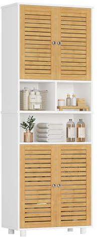 FORABAMB Badezimmerschrank hoch, Badezimmer Hochschrank mit 3 offenen Fächern und verstellbaren Ablagen, Badschrank mit 4 Bambustüren, Bad hochschrank für Wohnzimmer, Küche und Bad, 60 x 30 x 170 cm