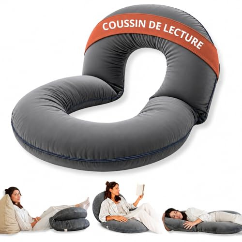 OCALYS Coussin de Lecture Ergonomique Modulable, Grand Oreiller de Lecture Adulte pour Lit et Canapé, Soutien Enveloppant Dos Lombaires Jambes, Housse Velours Lavable, Hypoallergénique