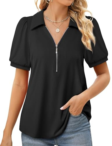 Bodhi talk Shirts Damen Sommer: Damen Business Casual Oberteile - Sommer Büro Casual Reißverschluss Tshirt Atmungsaktiv Strickoberteil - Alltag Freizeit Bluse Einfarbig Puffärmeln Tunika Schwarz XXL