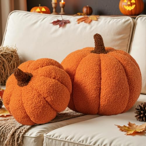Lanpn Lot de 2 Automne Coussin Citrouille, Halloween Décoration de Citrouille Coussins Polaire Sherpa Douce 3D pour Sofa Canapé Lit Décoration d'automne Thanksgiving (Orange, 32x22 cm & 23x18 cm)