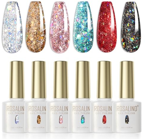 ROSALIND Vernis Gel UV Semi Permanent, 6 Couleurs Pailleté Doré Argenté Bleu Rouge Noir UV/LED Diamond Glitter Semi Permanent Set, Vernis Gel pour Débutants et Professionnels