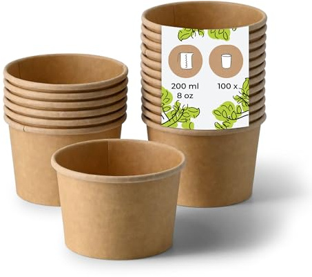 BIOZOYG Suppenbecher to go 100 Stück 200 ml / 8 oz, Ø 90 mm, braun Suppenschüsseln Einweg - Einweggeschirr - Alternative zur Plastikschüssel - To go Becher, Suppe, Soup Bowl