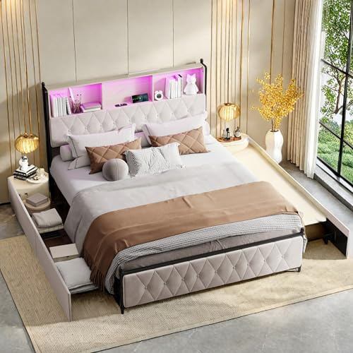 PerGar Polsterbett 160x200cm mit Stauraum, Doppelbett mit USB & 4 Schubladen, Jugendbett mit Stauraum Kopfteil, Stauraumbetten, Bettgestell mit Lattenrost, Samt, Ohne Matratze, Beige