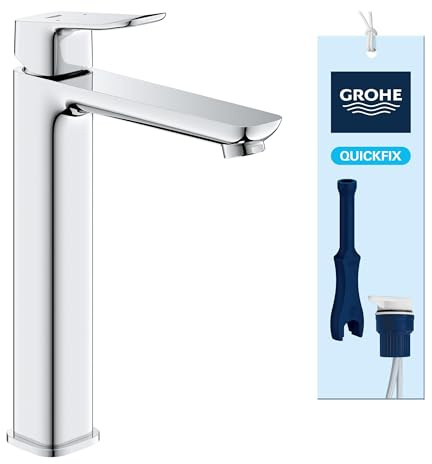 GROHE Dice Smooth Body Washbasin Mixer Tap for Free Standing Basins (XL-Size 270mm, 28 mm Ceramic Cartridge, Water Saving, Tails 3/8 Inch, Easy to Fit with the Included QuickTool), Chrome, 1018920000